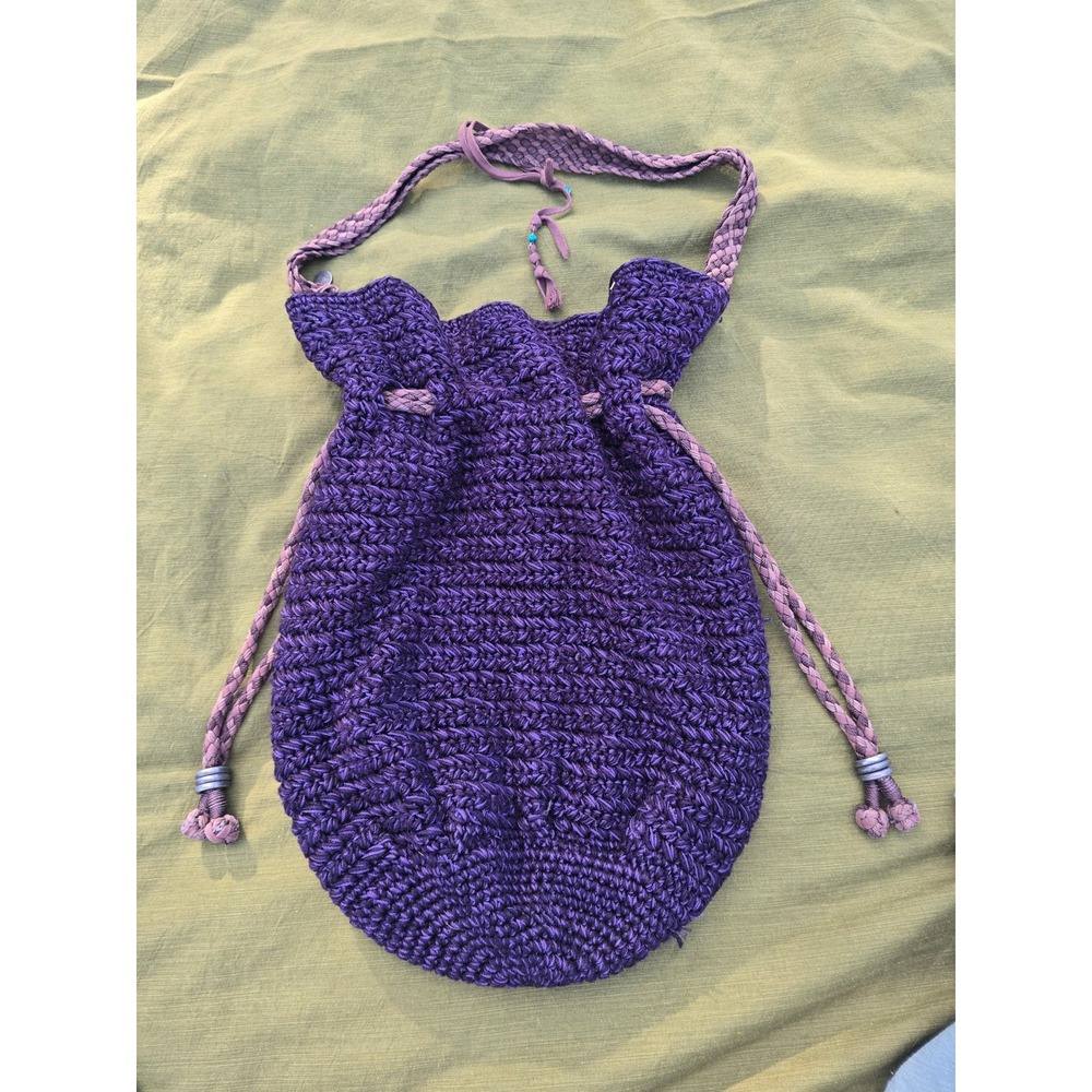 Happy Fish Purple Crochet Drawstring Bucket Bag Boho Braided Strap Beaded Accent